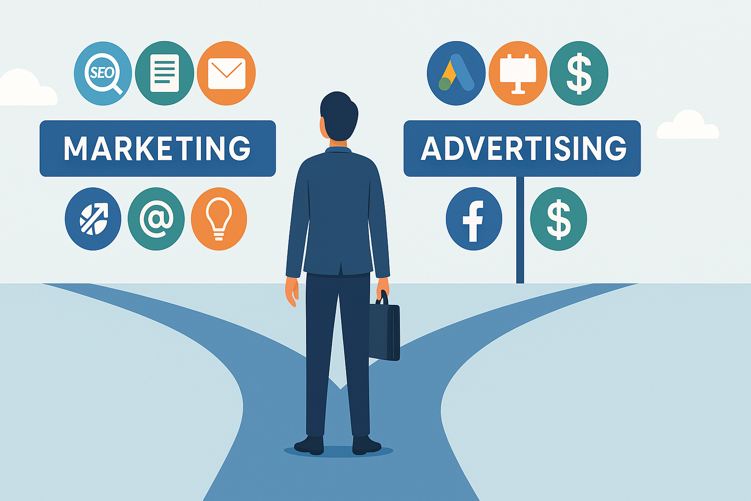 Small Business Marketing vs. Advertising: What’s the Difference? – illustration of marketing and advertising paths for small businesses"
