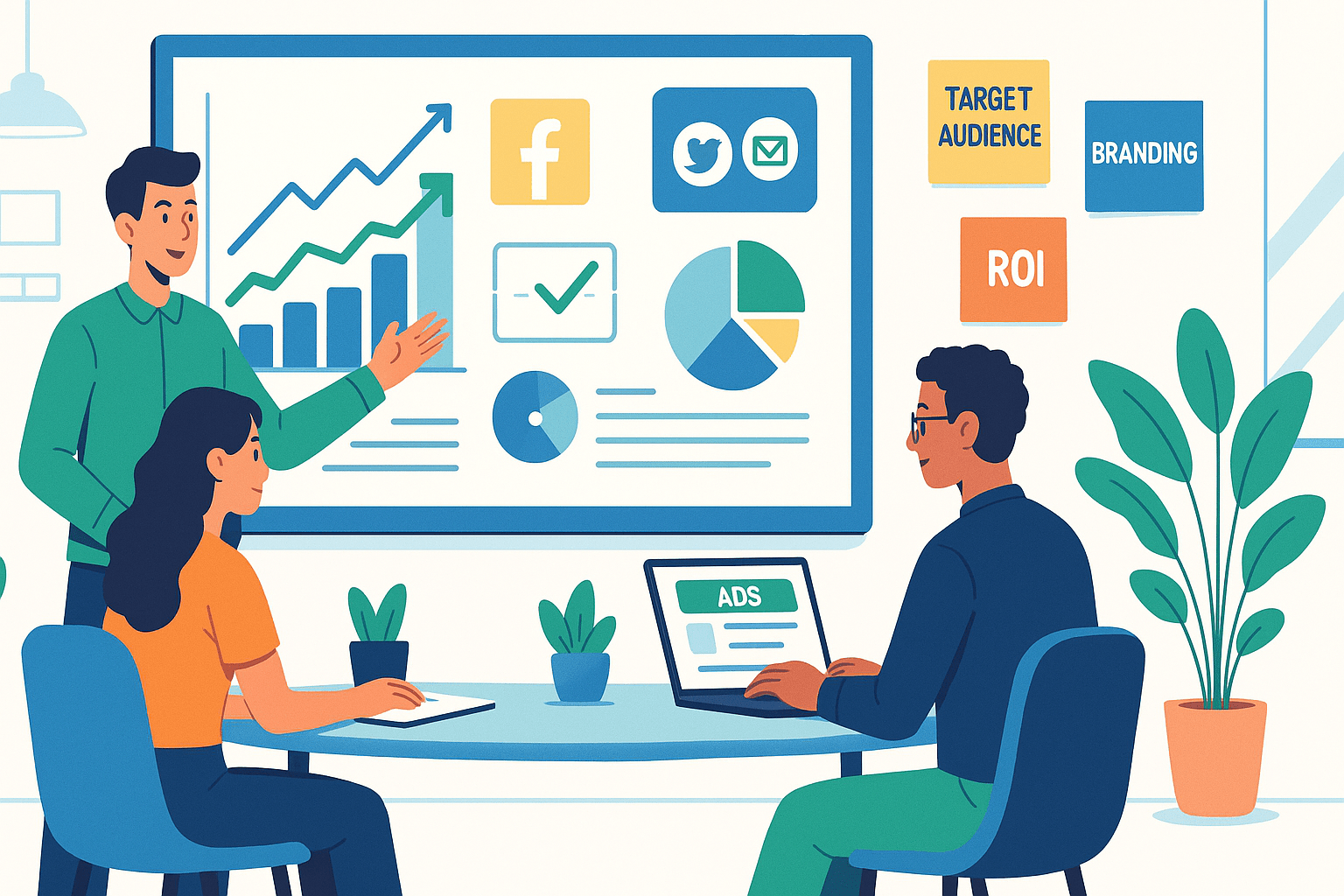 Small Business Marketing Strategy for Startups: What to Focus On – team planning digital marketing with social media, SEO, and growth charts in a modern workspace