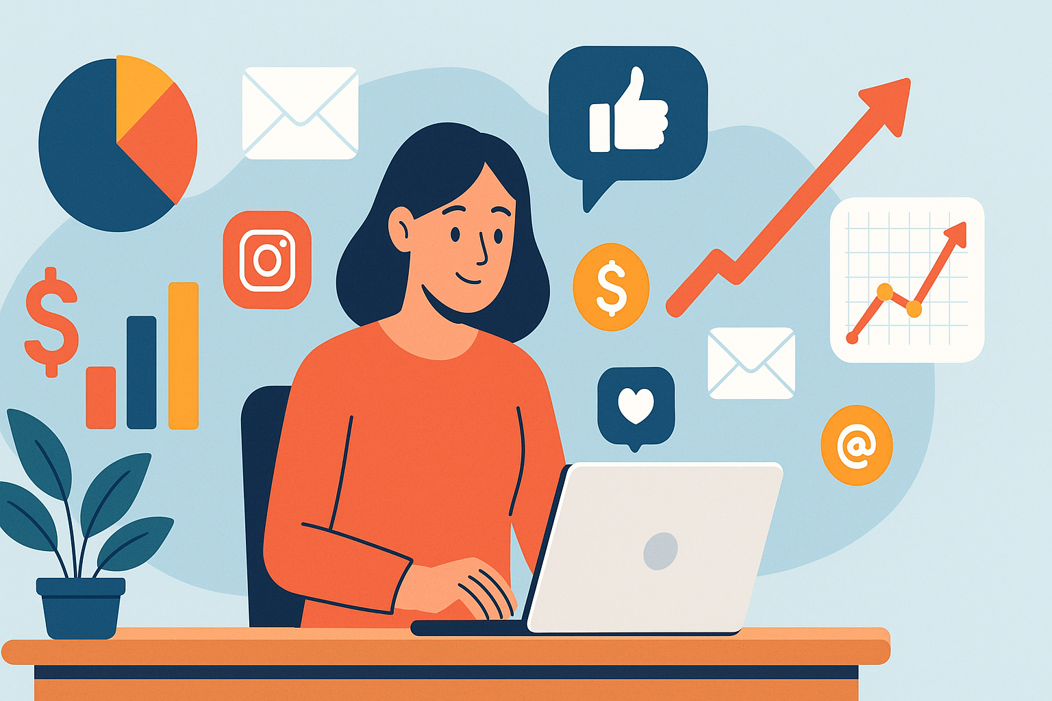 How to Create a Small Business Marketing Strategy from Scratch – business owner planning with digital marketing icons