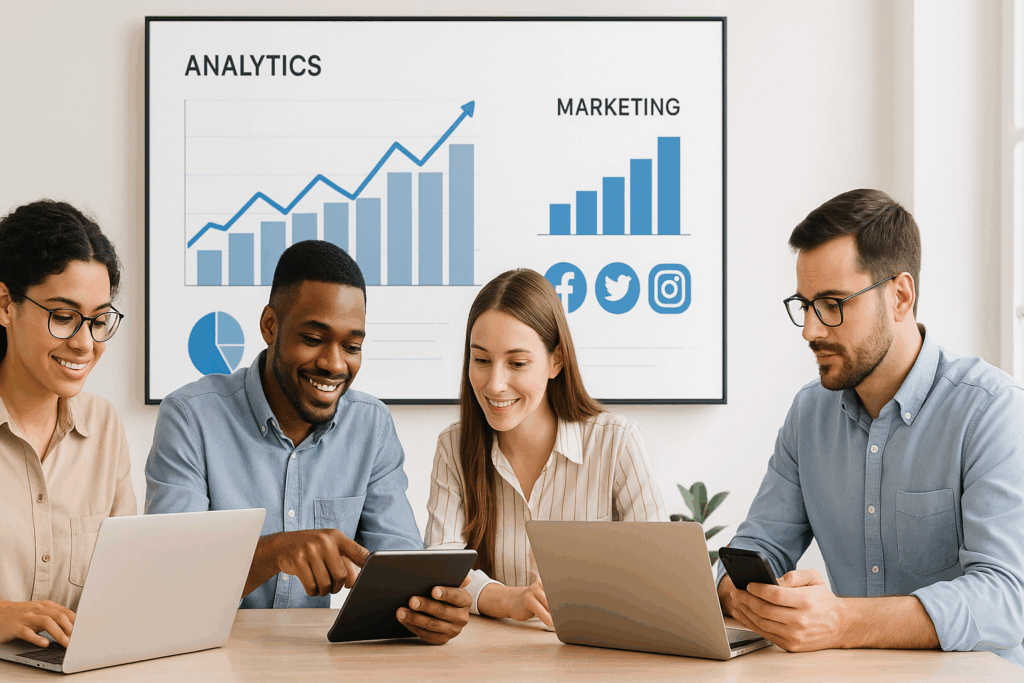 A modern small business team working on laptops and digital devices in a bright office space. Large screen shows analytics, marketing graphs, and social media icons. The scene should emphasize digital-first strategy, collaboration, and growth. Clean, professional, minimal design with a focus on technology and small business teamwork.