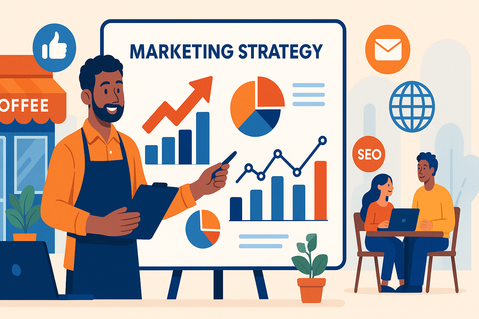 Illustration of a small business owner presenting a marketing strategy with charts, graphs, and digital marketing icons like social media, email, and SEO, symbolizing business growth.