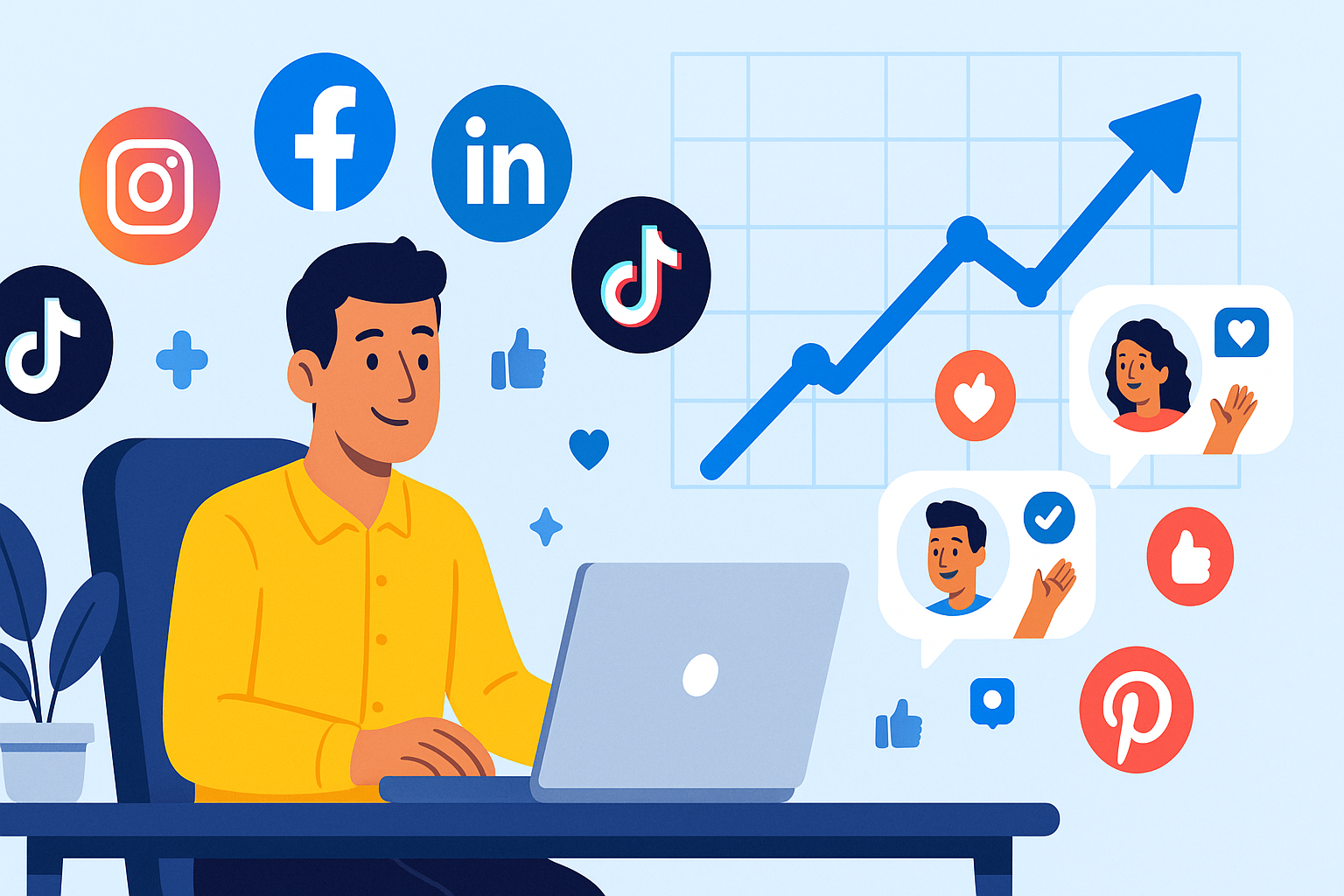 “The role of social media in small business marketing illustrated with a business owner using Facebook, Instagram, LinkedIn, and TikTok to grow customer engagement and sales.