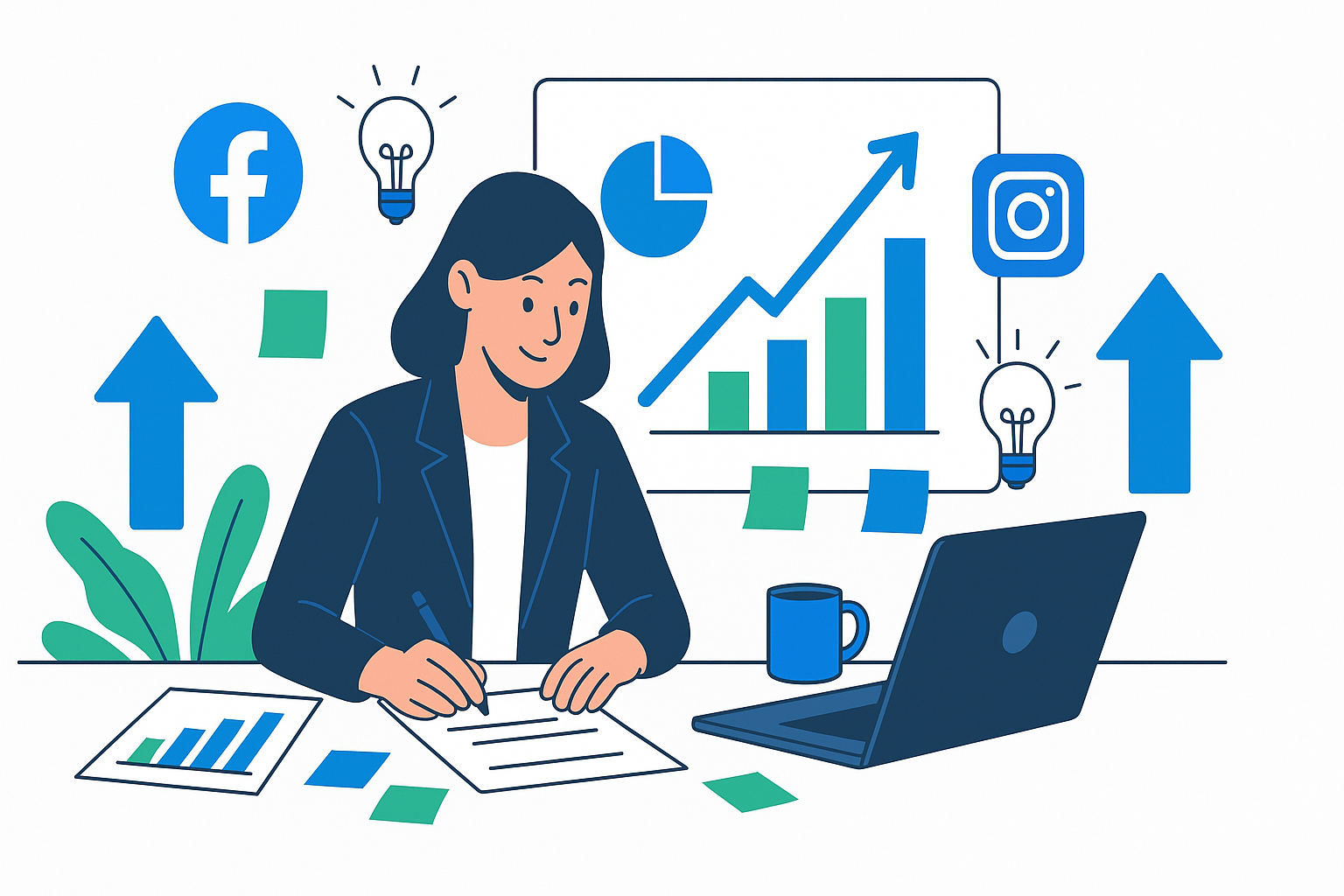 Illustration of a small business owner creating a marketing plan with laptop, charts, growth arrows, and social media icons – How to Build a Small Business Marketing Plan That Works.
