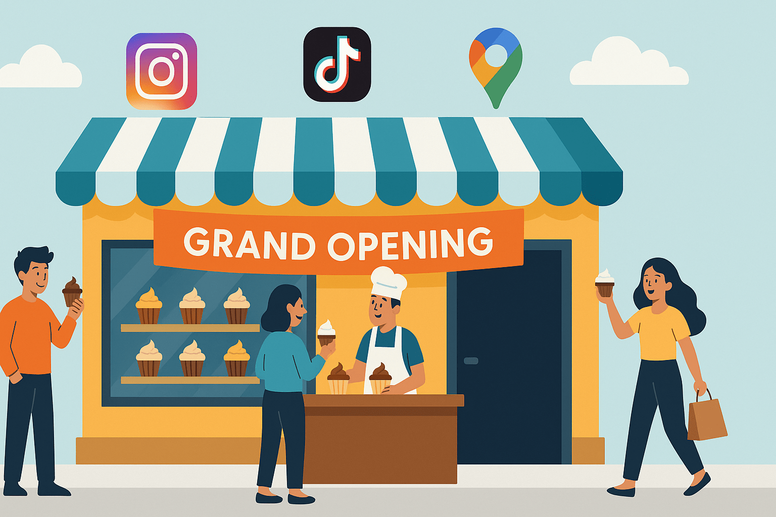 Case Study: Successful Small Business Marketing Strategy in Action – illustration of a bakery thriving with customers and digital marketing icons.