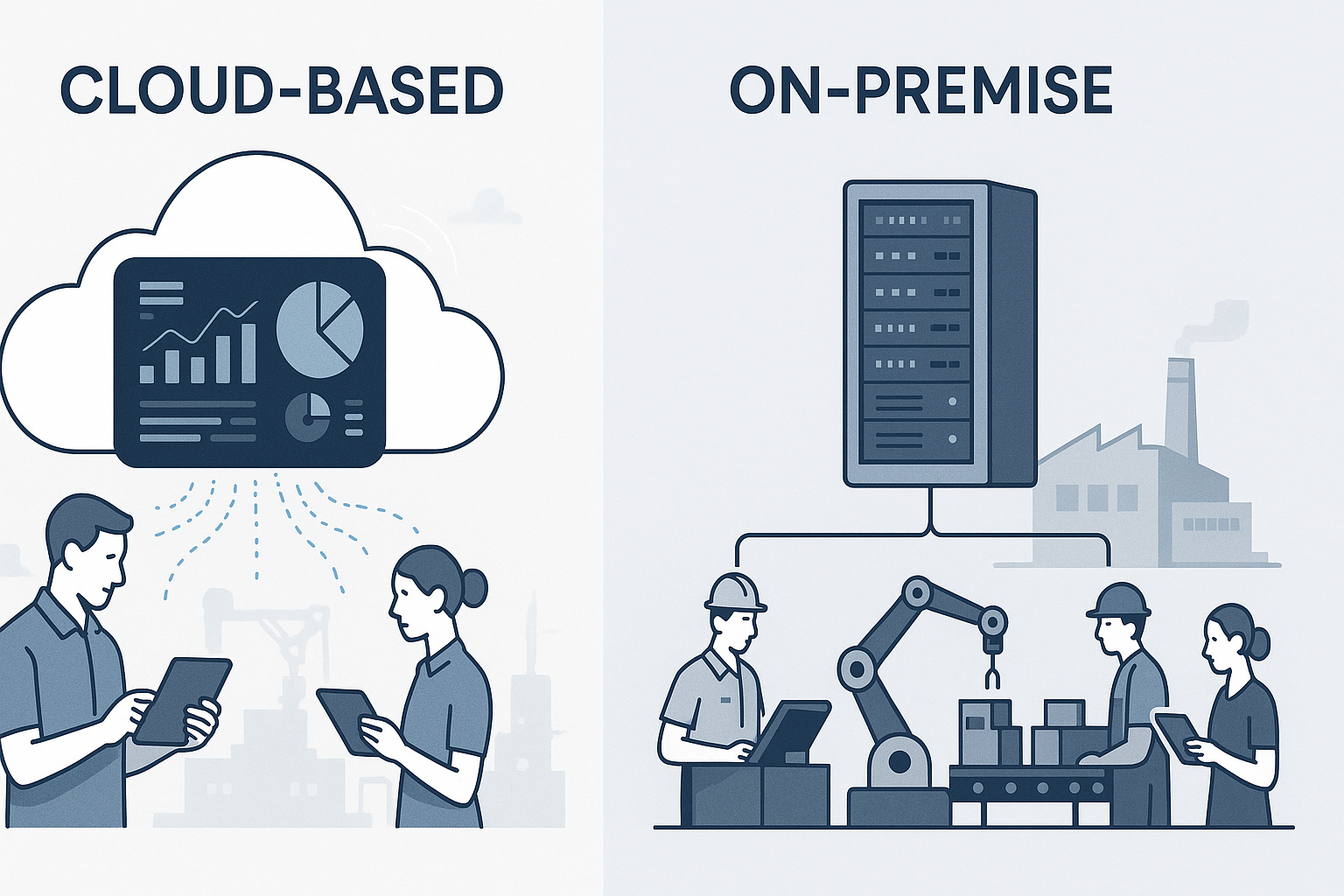 “Split-screen illustration comparing cloud-based vs. on-premise manufacturing software for SMEs, with cloud dashboards on one side and traditional server-based factory systems on the other.”
