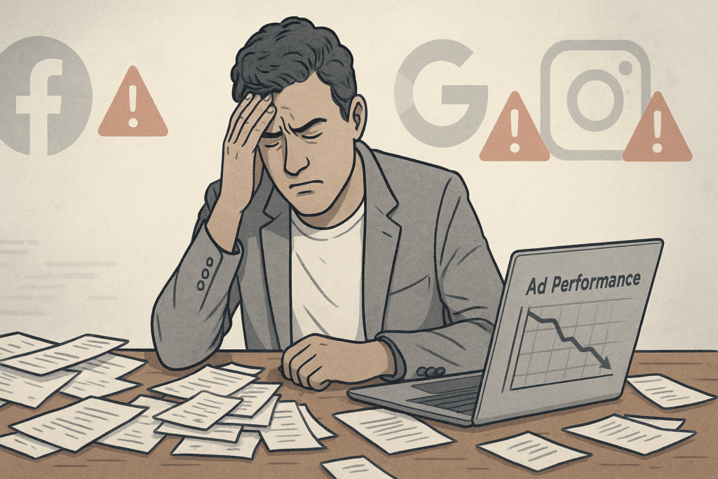 Small Business Advertising Mistakes to Avoid at All Costs – stressed business owner analyzing failed ad campaigns”