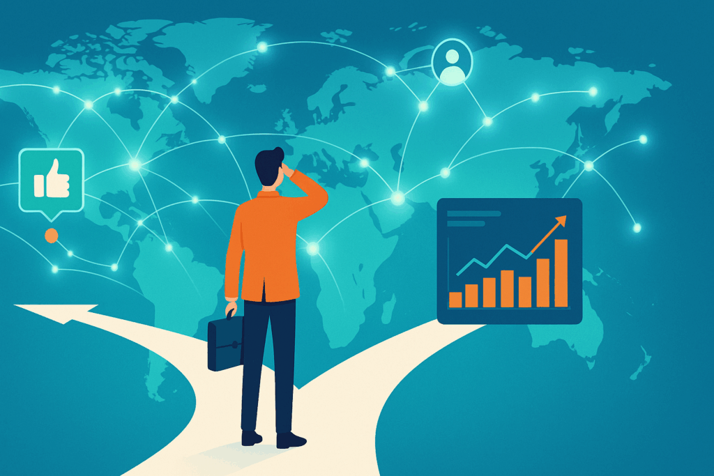 From Local to Global: Scaling Your Small Business Marketing Strategy — digital illustration of a small business owner expanding worldwide through online marketing and global connections.