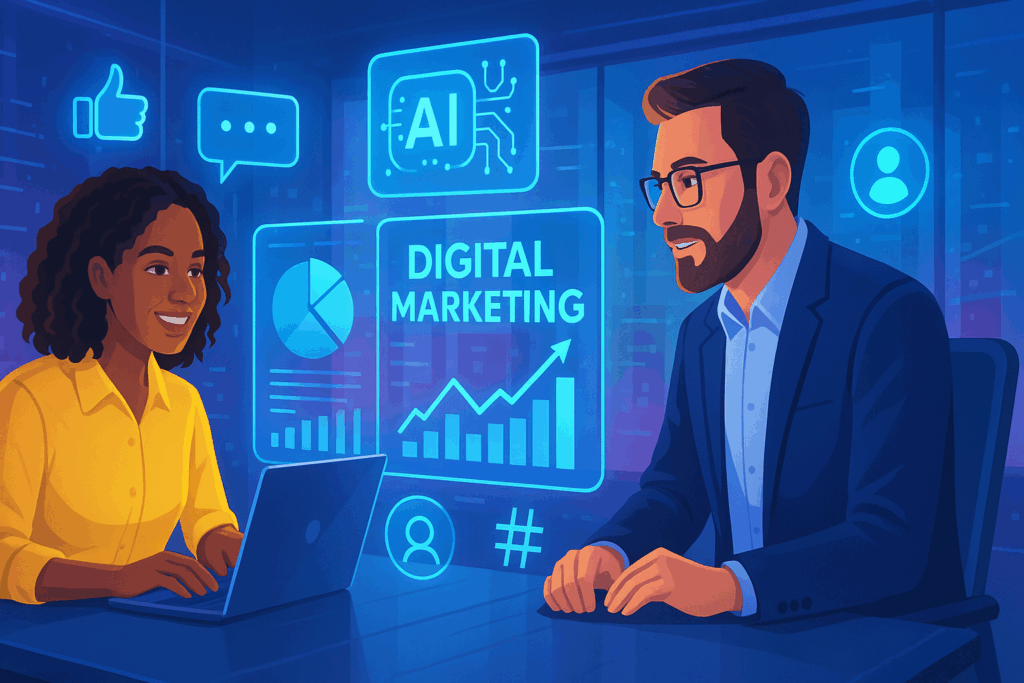 Future Marketing Strategies for Small Businesses: Trends for the Next 5 Years — small business owners using AI-driven tools, data analytics, and futuristic marketing technology.
