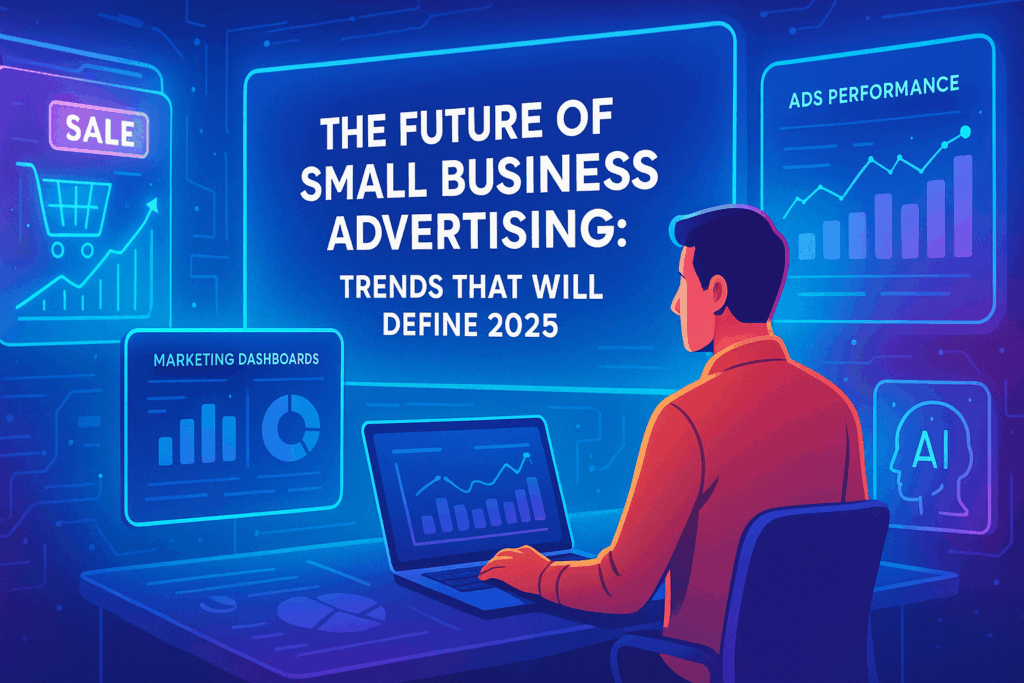 The Future of Small Business Advertising: Trends That Will Define 2025 — a futuristic digital workspace with a small business owner using AI-powered marketing tools and analytics dashboards.
