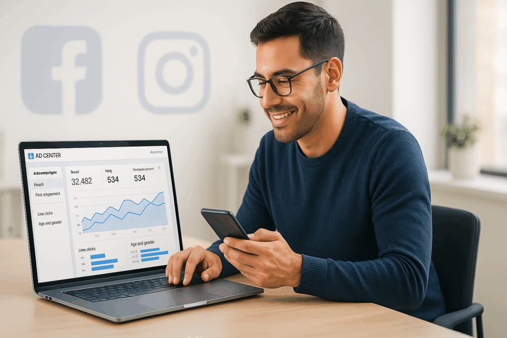 Facebook and Instagram Ads for Small Businesses: A Beginner’s Guide — small business owner managing social media advertising campaigns on laptop and phone.