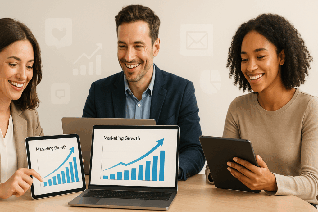 small business marketing strategies to increase sales fast — team analyzing digital marketing data and sales growth charts