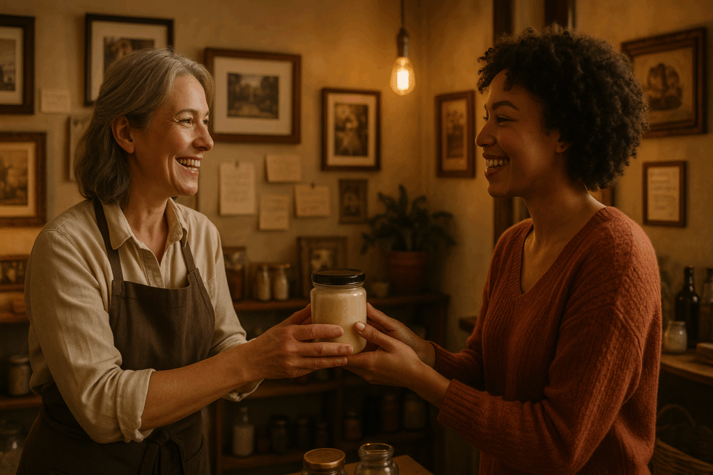 How Storytelling Can Transform Small Business Advertising Campaigns — a small business owner connecting emotionally with a customer through authentic brand storytelling.
