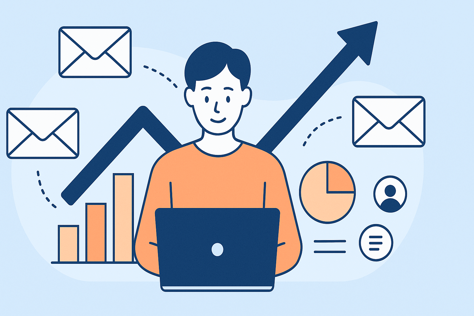 A flat-style digital illustration of a small business owner sitting at a laptop, surrounded by email icons, growth charts, and analytics symbols. Blue, white, and soft orange tones convey communication, progress, and success — representing an email marketing strategy for small businesses.