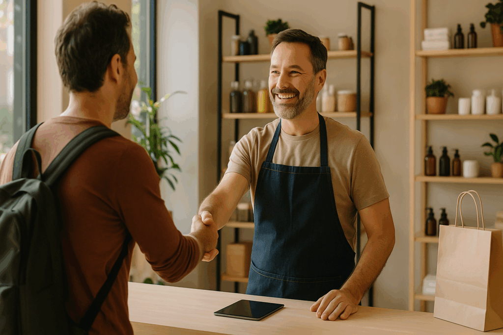 “How to Build Customer Loyalty Through Small Business Marketing Strategies — a shop owner welcoming a returning customer.”