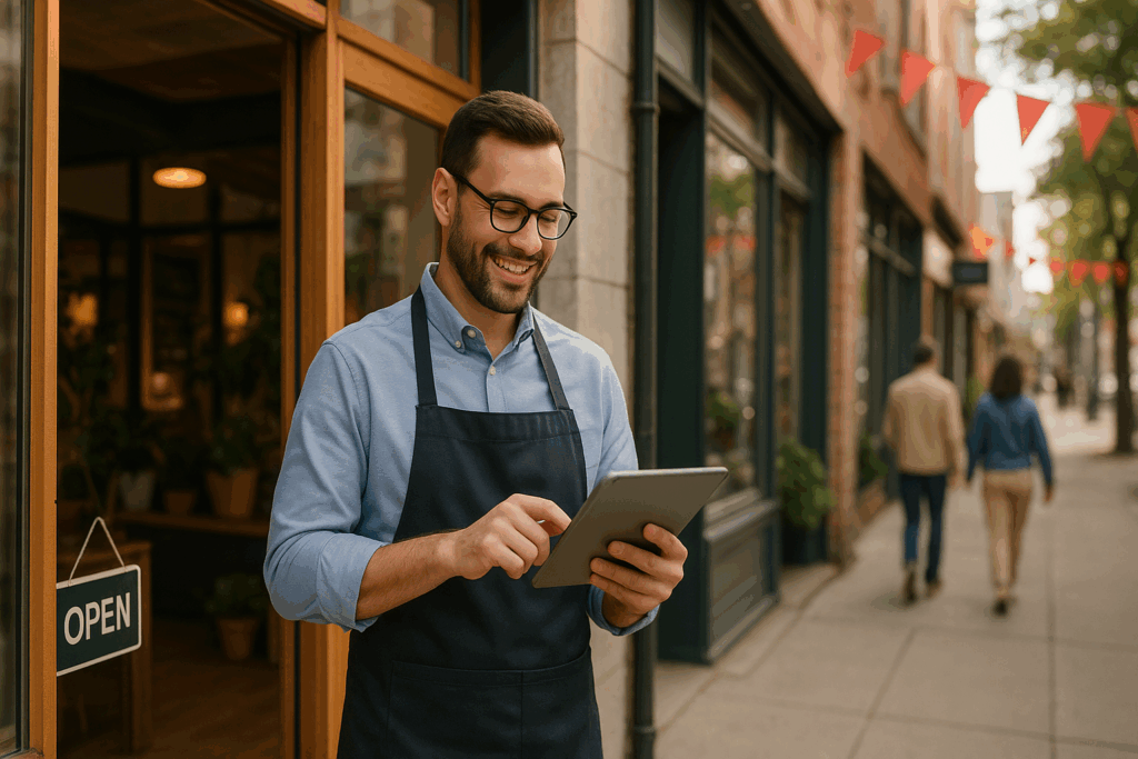 A confident small business owner stands outside a local shop, smiling while using a tablet. The storefront has a welcoming vibe with plants, wooden trim, and nearby pedestrians — symbolizing local connection and digital marketing success.