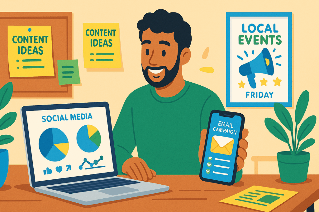 Low-Cost Marketing Strategies for Small Businesses on a Budget – a creative small business workspace with social media, email, and local marketing visuals