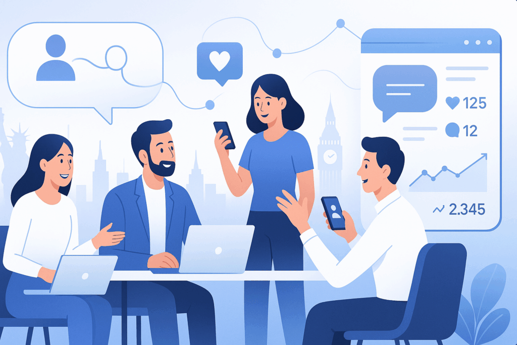 “Storytelling strategies: using authentic narratives in social media marketing for small business — team collaborating on digital storytelling and social media strategy with blue and white modern visuals.”