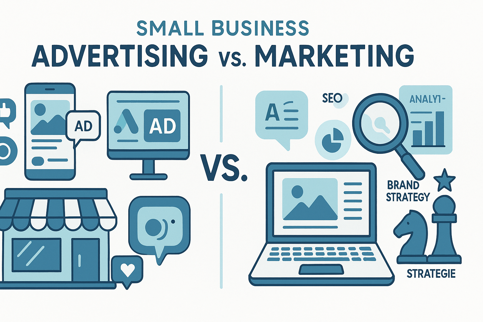 “Small Business Advertising vs. Marketing: Key Differences and When to Use Each — visual comparison showing advertising channels like social media ads and marketing activities like SEO and branding.”