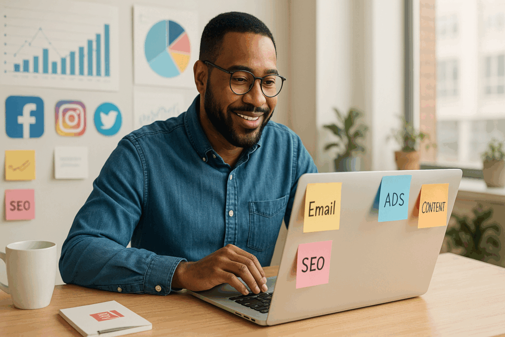 “Business owner analyzing data and reviewing marketing performance to avoid common mistakes in small business marketing strategies.”