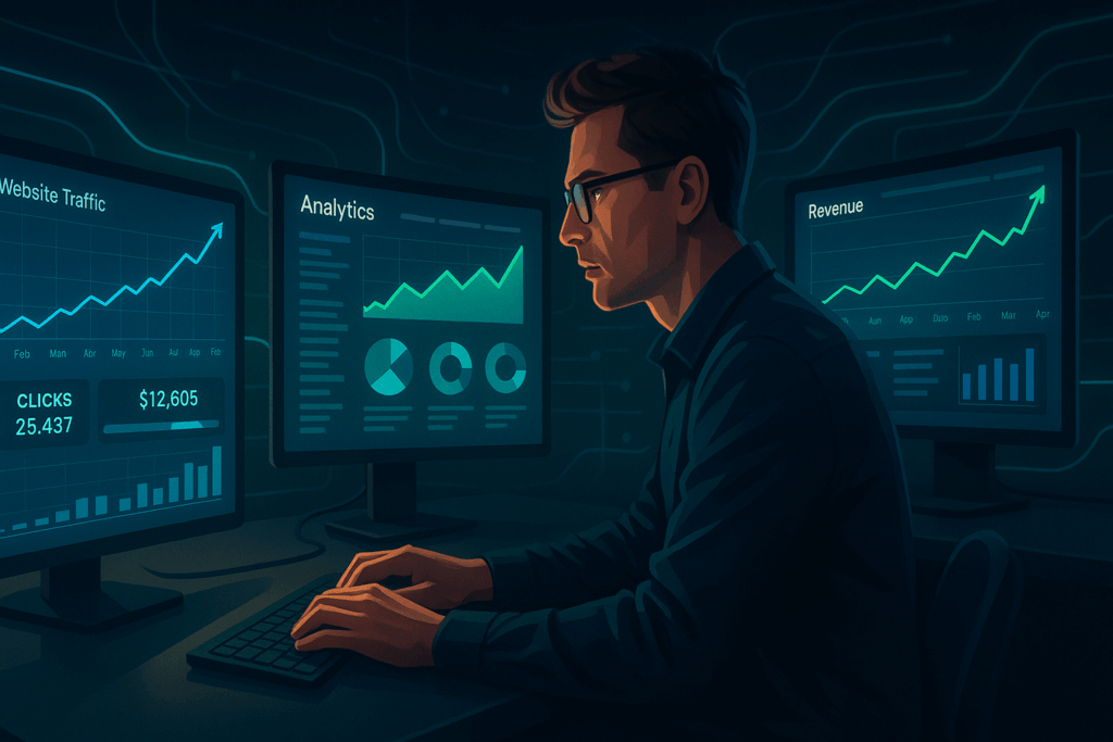 Entrepreneur working late at night on multiple screens with analytics dashboards and traffic growth charts, symbolizing dedication, focus, and scaling an online business.