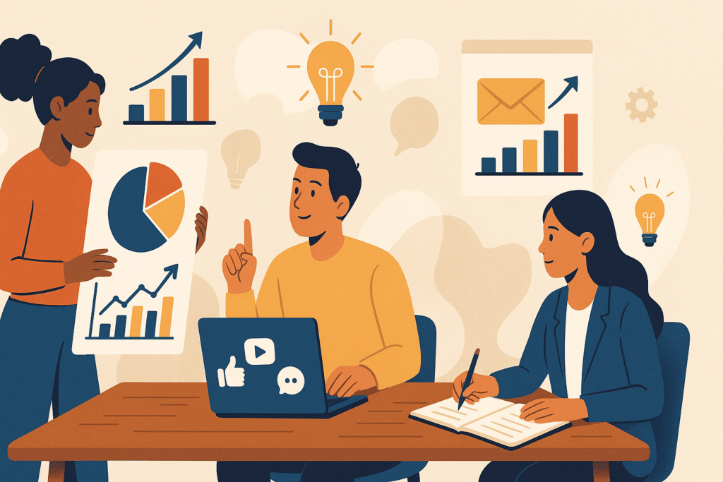 Proven small business marketing strategies for startups — creative illustration of a team planning digital marketing growth.