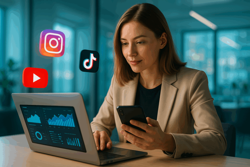 “Social Media Marketing for Small Business in 2025: Trends You Can’t Ignore — business owner managing multiple social platforms using AI tools and analytics.”