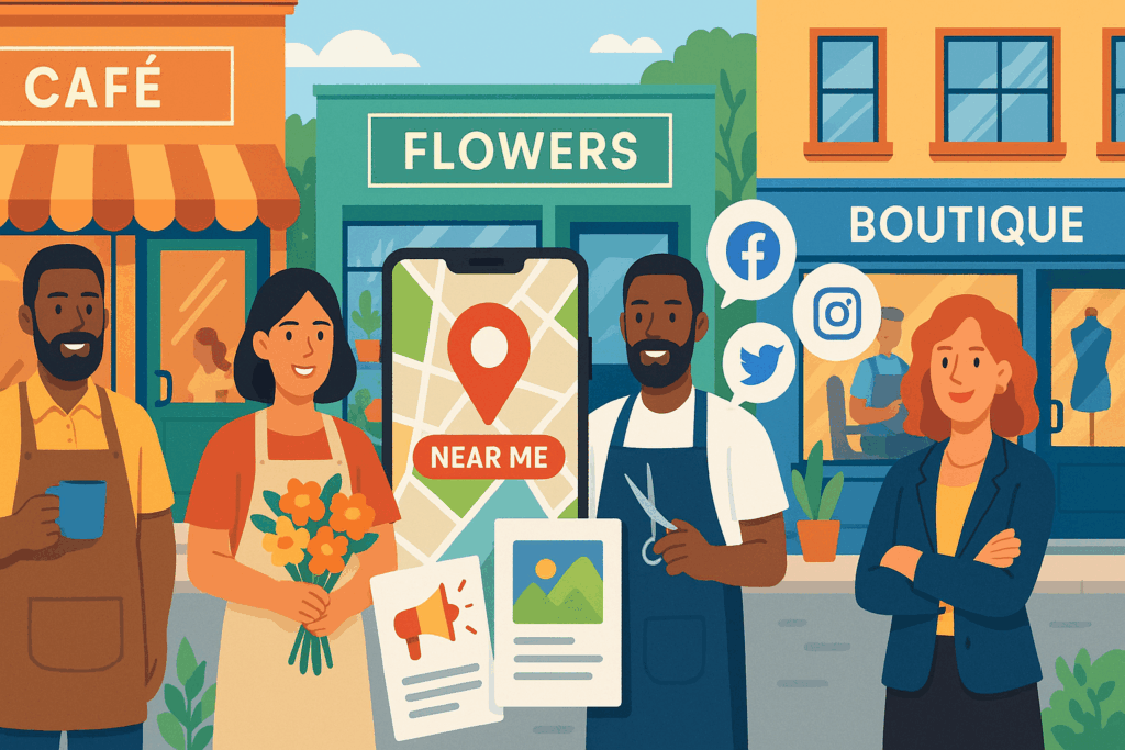 Local small business marketing strategies to attract nearby customers — illustration of local shop owners using online and offline marketing to reach nearby customers.