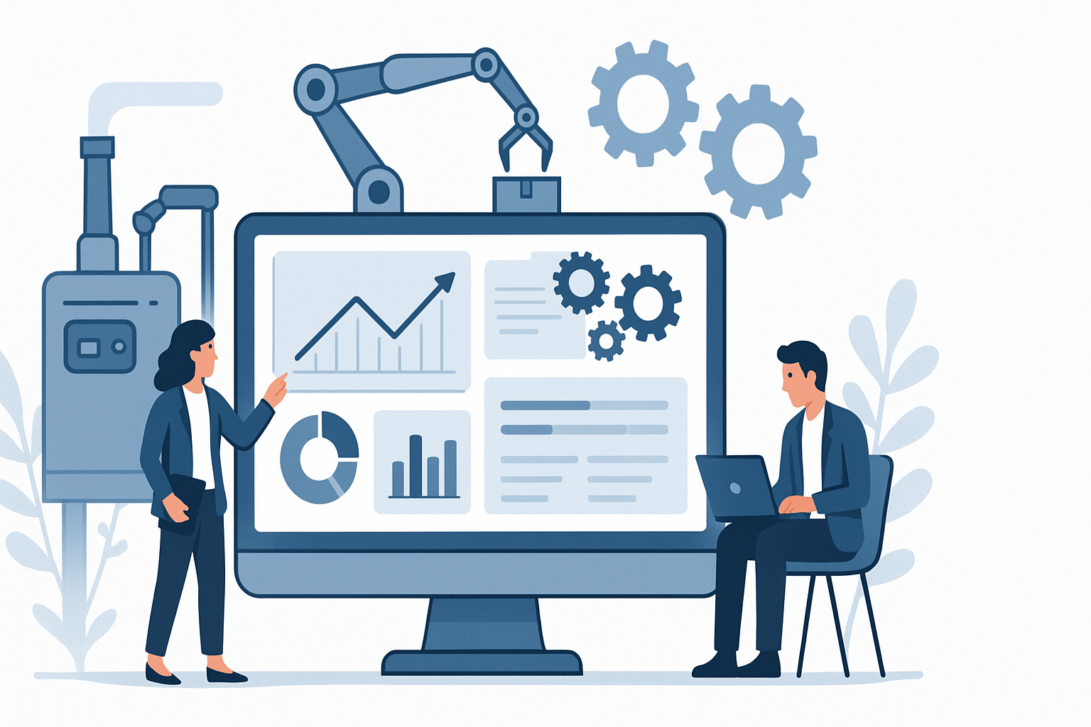 Manufacturing Software for Small Businesses: A Complete Beginner’s Guide — small business owners using digital dashboards to manage production efficiently.