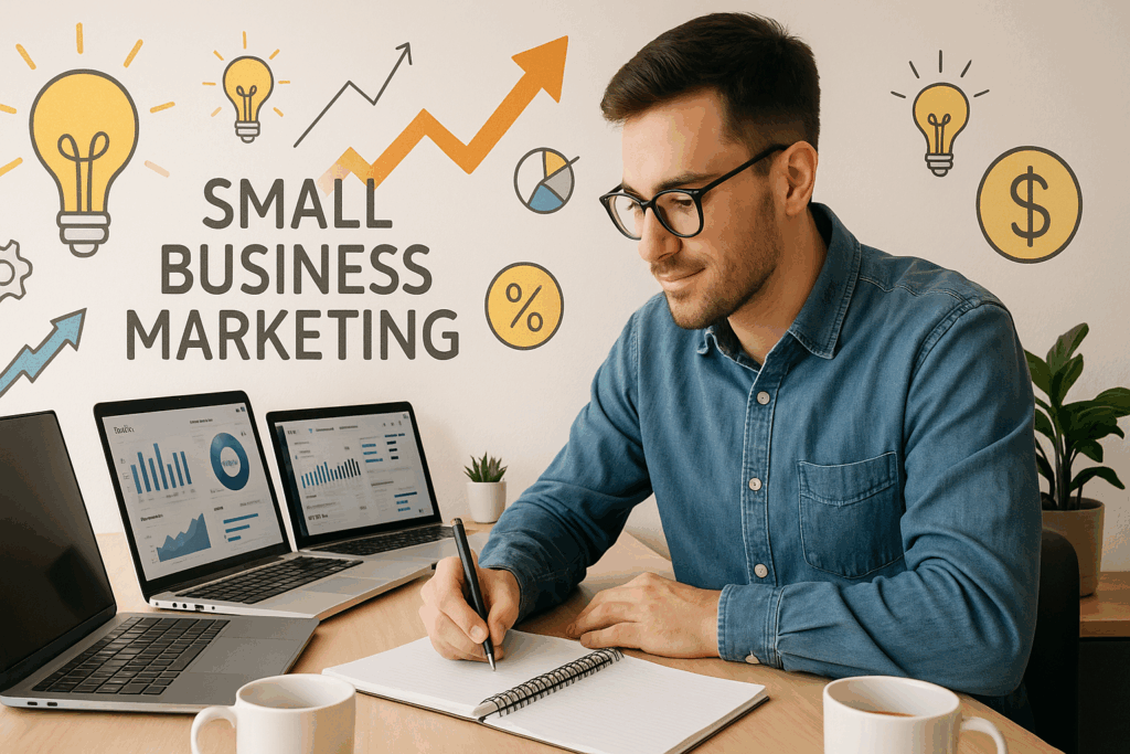 A small business owner at a modern workspace with laptops displaying marketing analytics, surrounded by notebooks, coffee mugs, and creative icons like lightbulbs, arrows, and dollar signs, representing smart, budget-friendly marketing strategy.