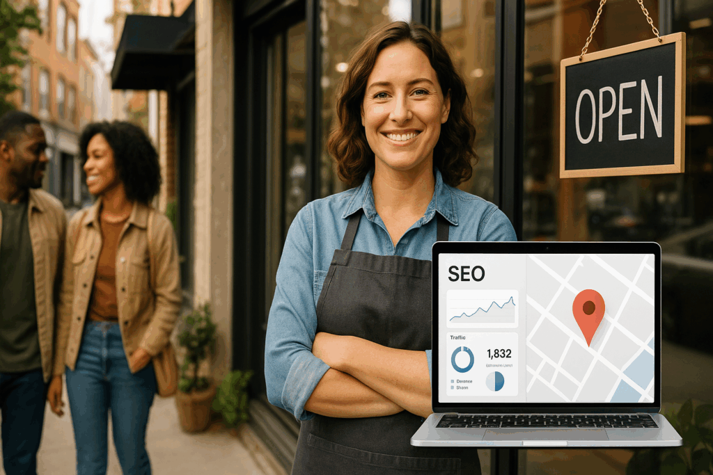 “Local SEO for Small Business Marketing: How to Dominate Your Neighborhood — small business owner outside local shop with Google Maps and SEO dashboard concept.”