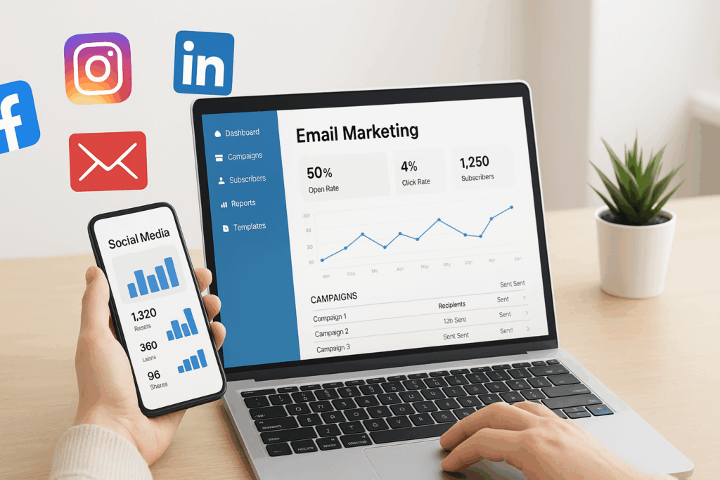 Email and Social Media Small Business Marketing Strategies concept with a business owner managing digital campaigns on laptop and smartphone.