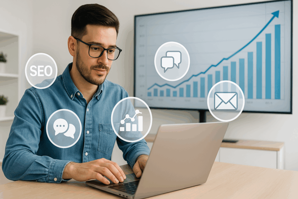 “Digital-First Approaches: Why Your Small Business Marketing Strategy Needs Online Priority — small business owner analyzing marketing data on laptop with SEO and social media icons around.”