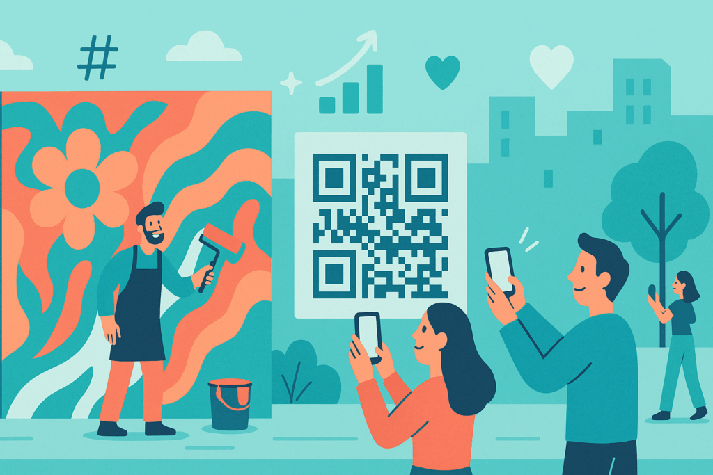 Creative Guerrilla Advertising Ideas for Small Businesses — a small business owner using street art and QR codes to attract customers in a lively urban scene.