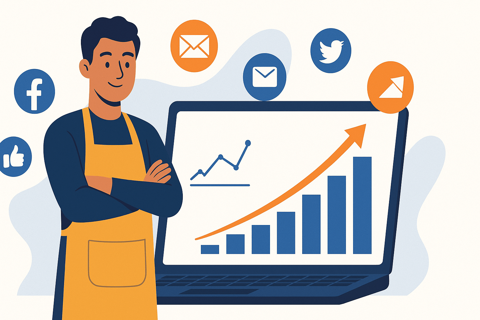 A modern flat-style illustration of a small business owner standing confidently in front of a laptop with graphs, social media icons, email icons, and a rising growth chart. The design should look professional, colorful, and business-oriented, symbolizing digital marketing strategies for small businesses. Clean, minimal, and suitable as a blog featured image.