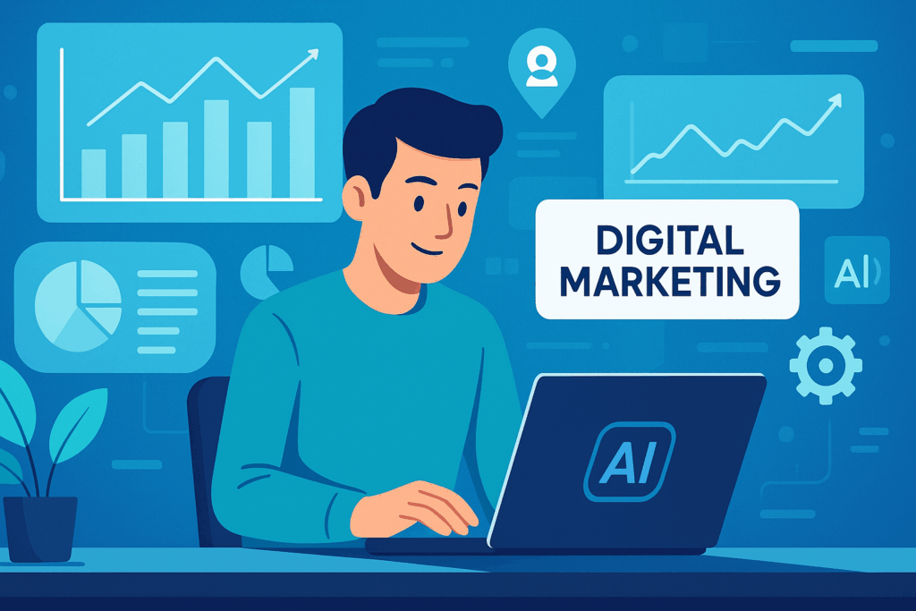 A modern digital marketing workspace featuring a small business owner using AI tools on a laptop. Display charts, analytics, and AI icons in the background to symbolize automation, personalization, and data-driven marketing. Use bright, professional colors (blue, white, teal) with a sleek, futuristic aesthetic. The environment should reflect innovation and technology in small business marketing.