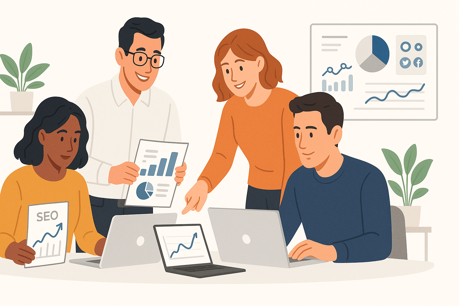 “Team analyzing data and discussing mistakes to avoid in marketing strategies for small businesses.”