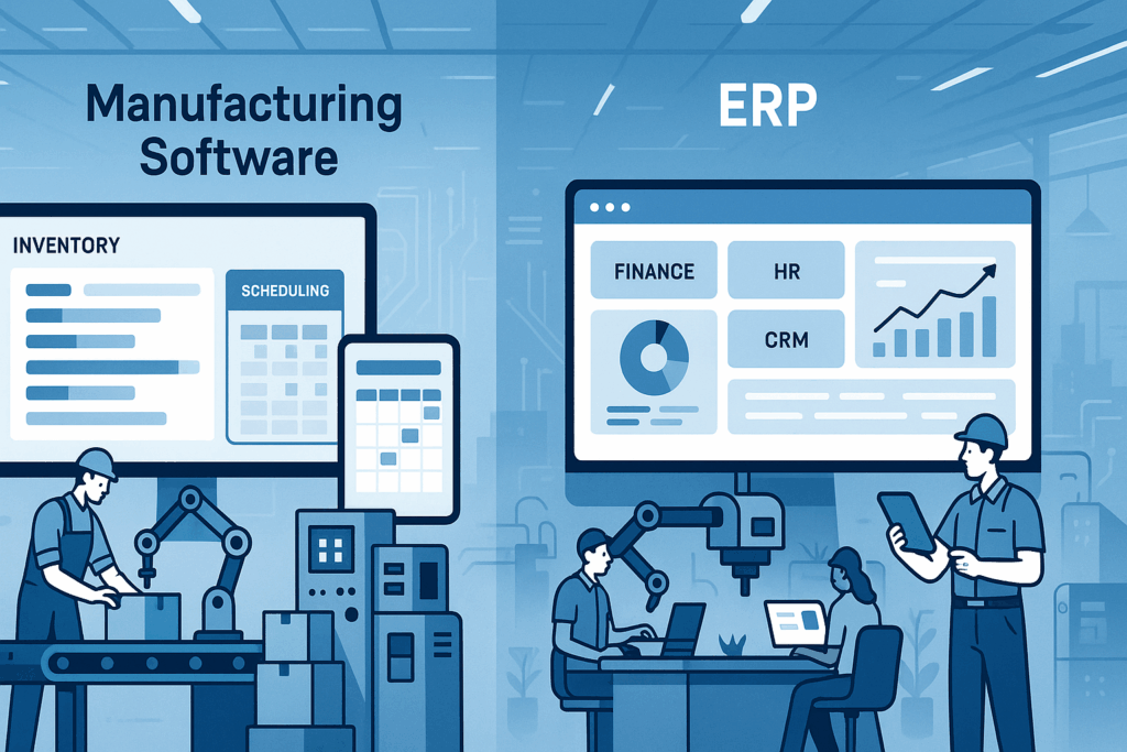 A modern digital illustration showing a small manufacturing factory split in two: the left side depicts workers using basic manufacturing software for inventory and scheduling, while the right side displays an ERP system with finance, HR, and CRM dashboards. The clean, tech-driven environment symbolizes small business growth and digital transformation.