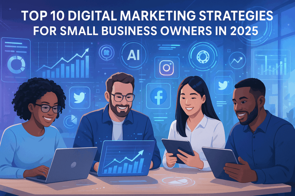 “Top 10 Digital Marketing Strategies for Small Business Owners in 2025 – modern small business team using AI tools, social media, and analytics dashboards in a futuristic workspace.”
