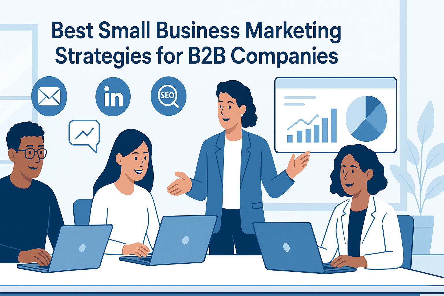 Best Small Business Marketing Strategies for B2B Companies – small business team planning B2B marketing campaign with charts and laptops in office.
