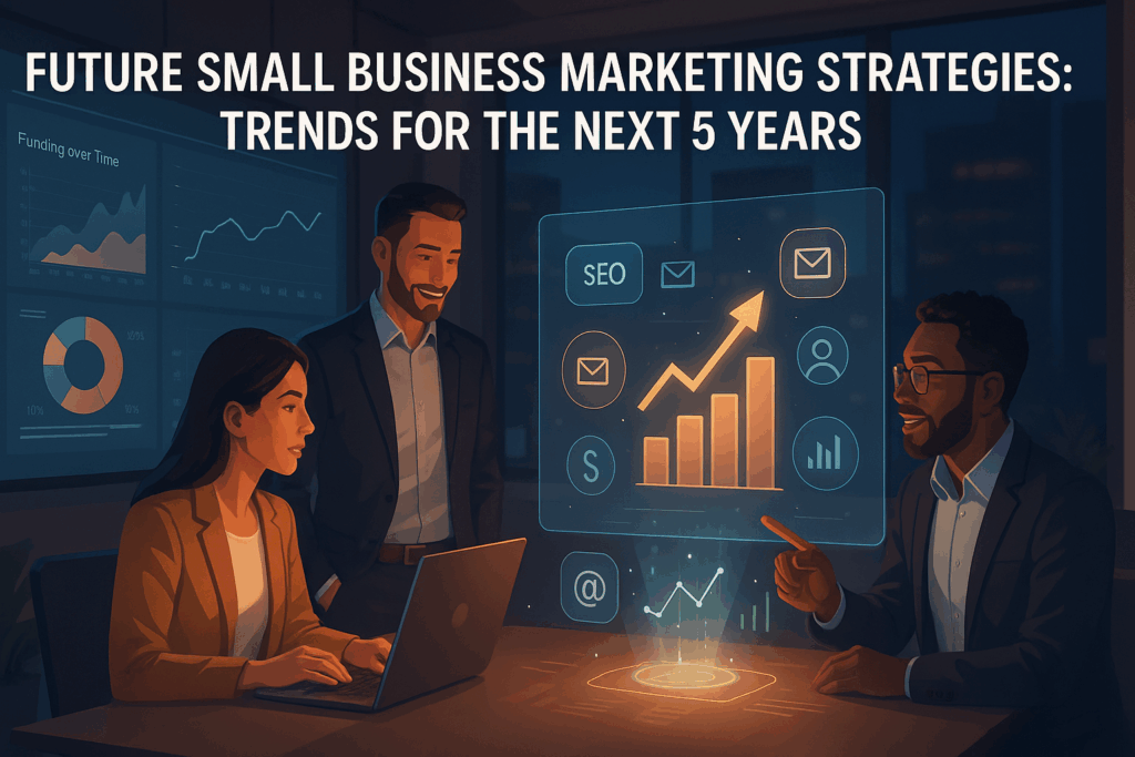 “Entrepreneurs analyzing AI-driven dashboards and data projections representing Future Small Business Marketing Strategies: Trends for the Next 5 Years.”