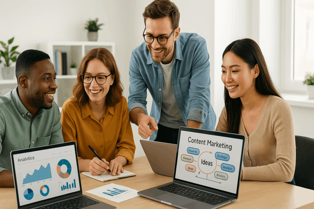 A diverse small business team collaborating in a bright modern office, discussing a digital marketing strategy with laptops showing content plans and analytics dashboards — representing creativity, teamwork, and technology for content marketing success.