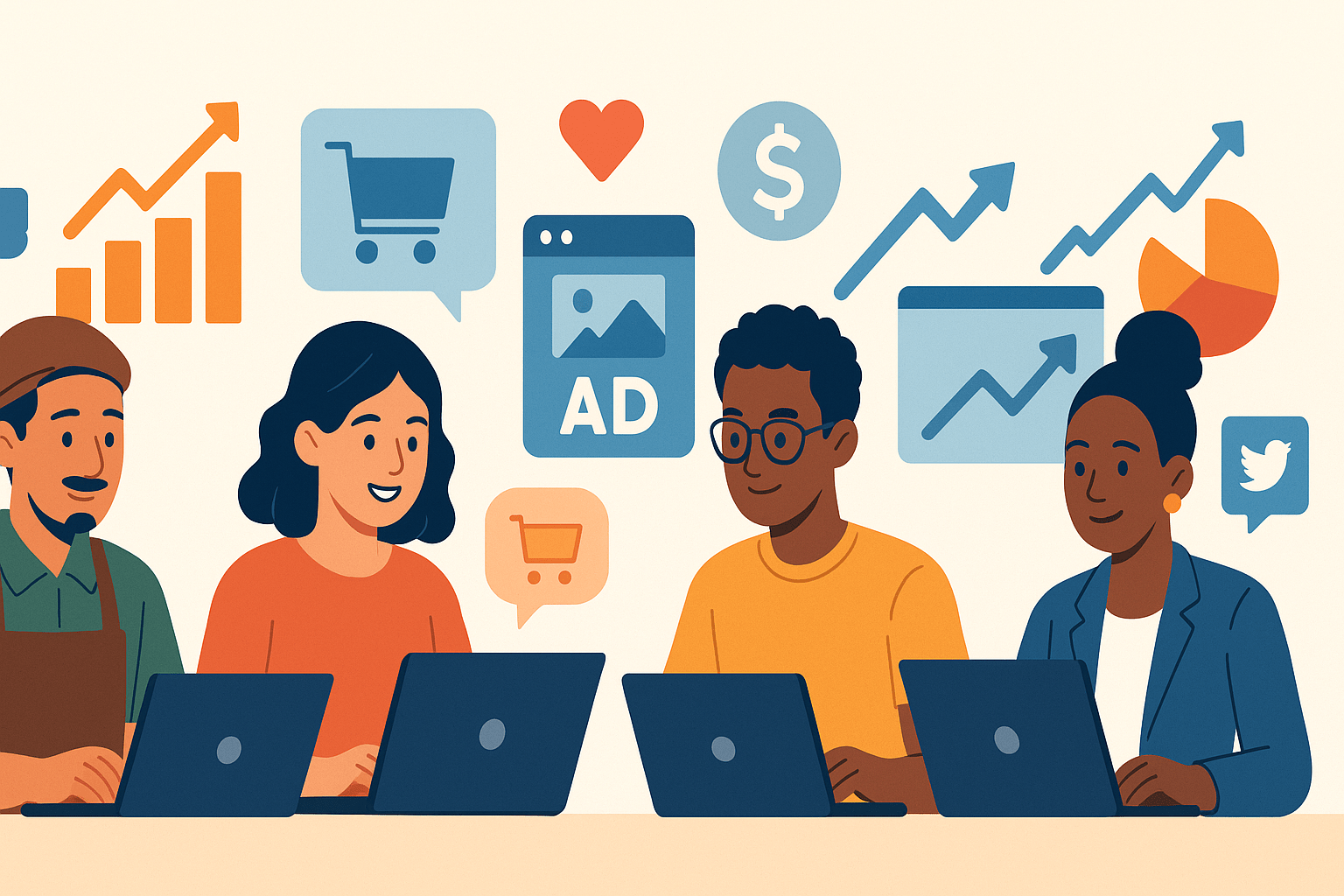 “Top 10 Marketing Strategies for Small Businesses in 2025 illustrated with small business owners using digital marketing tools and growth charts.”