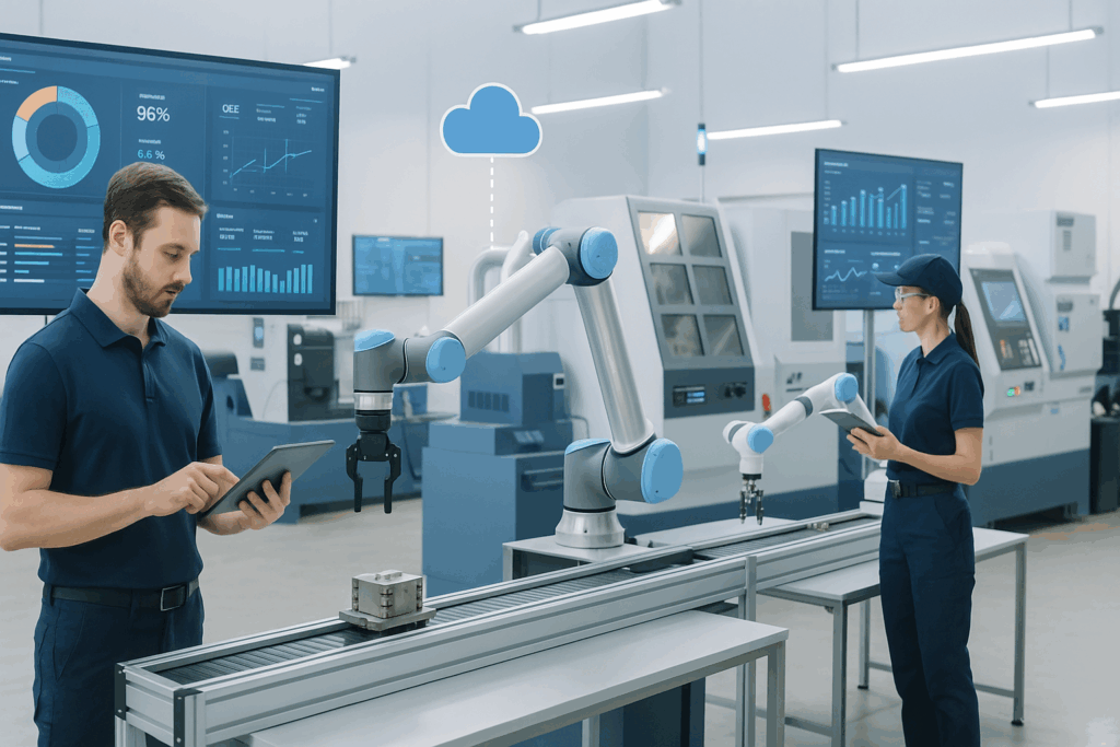 Modern small-scale manufacturing factory with automation robots, digital dashboards, and workers using tablets to monitor cloud-connected smart machines in a bright, clean, tech-driven environment.