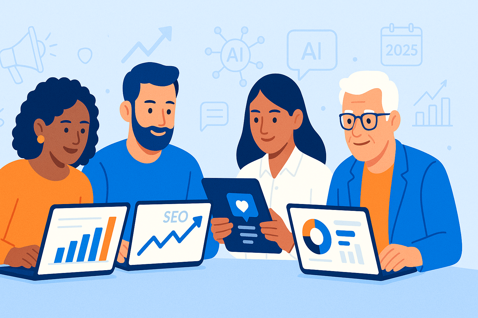 “Small business owners reviewing marketing analytics and digital strategy dashboards — representing small business marketing mistakes to avoid in 2025.”