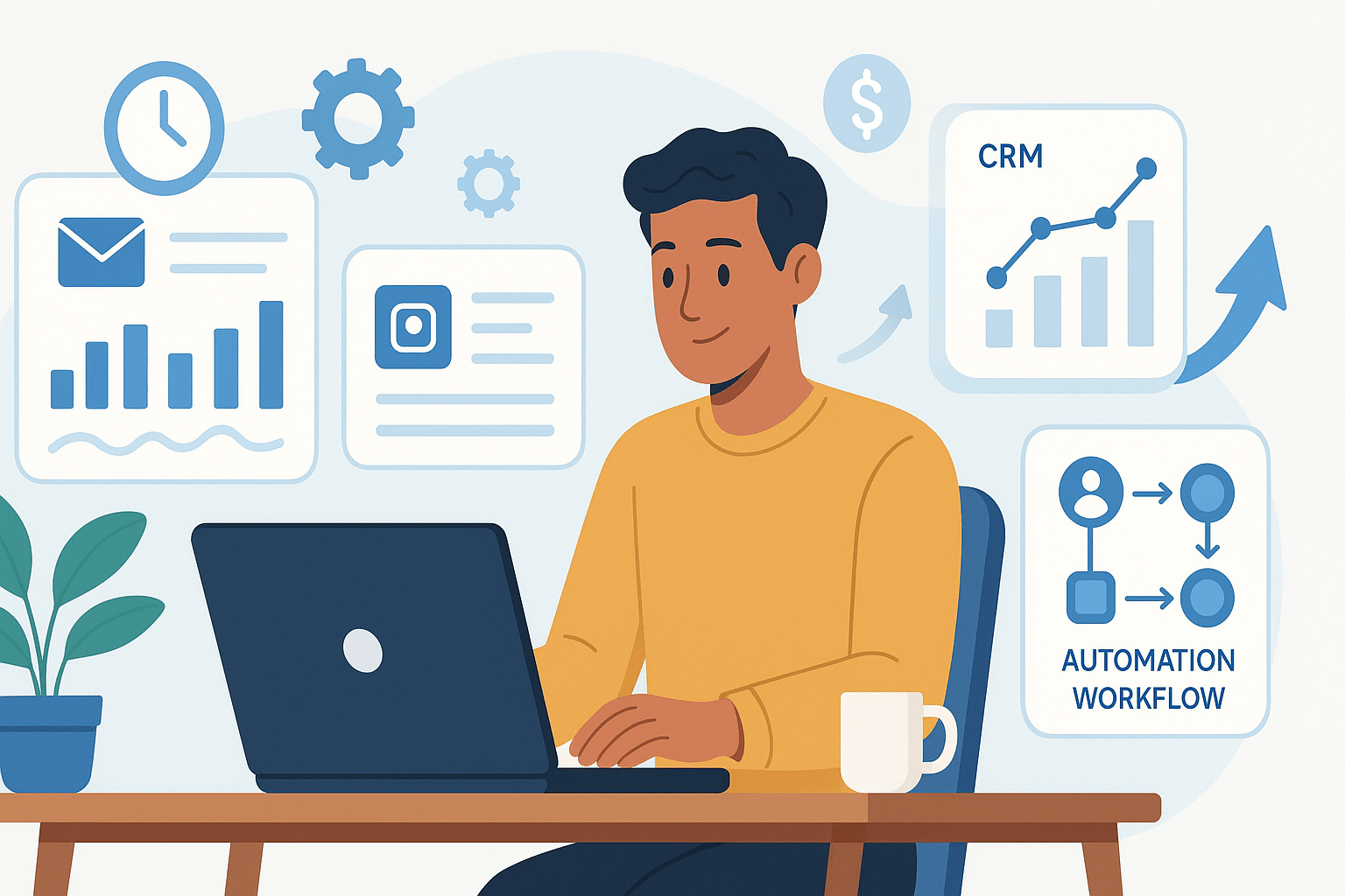 “Small business owner using marketing automation tools on laptop with dashboards, CRM charts, and workflow icons in a modern flat-style illustration.”