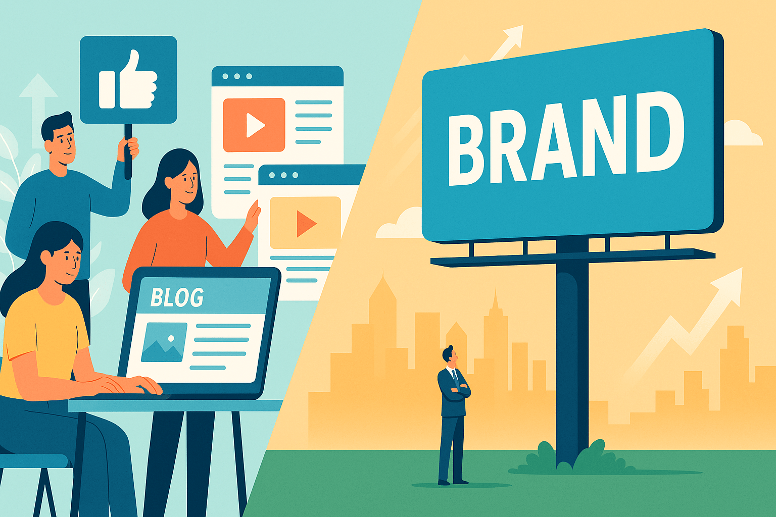 Content Marketing Hacks Every Small Business Should Use to Compete with Big Brands — illustration showing small business owners using digital marketing strategies to rival large corporations.