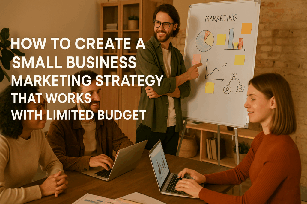 A small business team in a cozy modern office collaborates on a marketing strategy using a whiteboard, charts, sticky notes, and laptops. The warm lighting and natural tones create a creative, budget-friendly startup vibe. Text overlay: “How to Create a Small Business Marketing Strategy That Works With Limited Budget.”