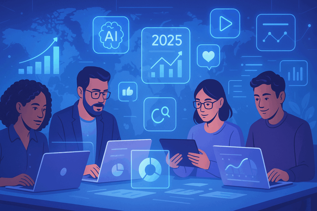 Future-Proof Small Business Marketing Strategy: How to Stay Ahead of Trends in 2025 — small business team using AI technology and digital analytics to plan marketing strategy for 2025.