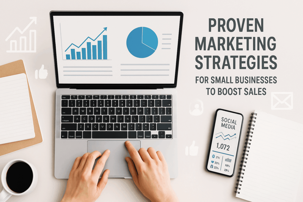 A bright modern flat-lay workspace showing a small business owner analyzing marketing charts on a laptop, surrounded by notebooks, coffee mug, and smartphone displaying social media analytics, symbolizing growth, digital marketing, and small business success.