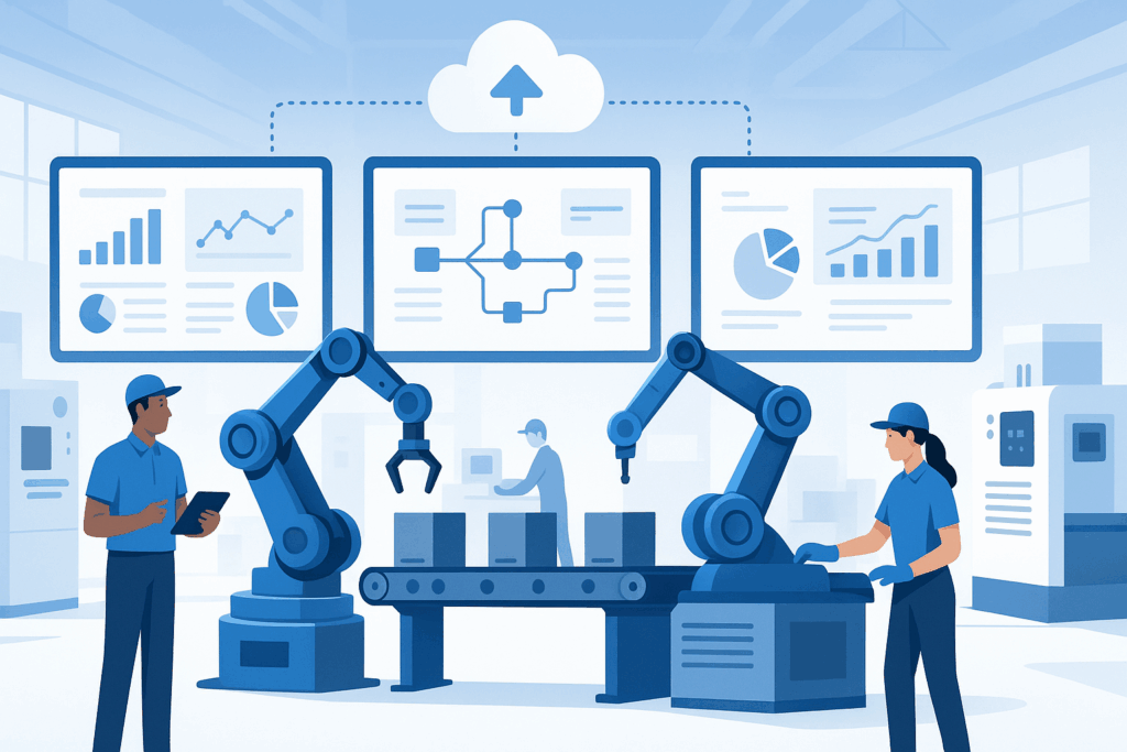 "Top 10 Manufacturing Software for Small Businesses in 2025 – modern factory floor with workers, robotic arms, and cloud-based dashboards displaying analytics and workflow diagrams."